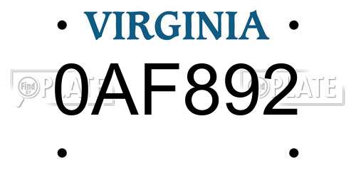 0AF892 Virginia License Plate