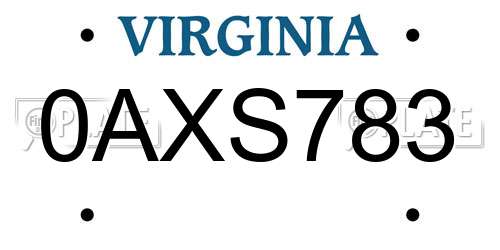 0AXS783 Virginia License Plate