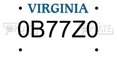 0B77Z0 Virginia License Plate