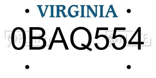 0BAQ554 Virginia License Plate