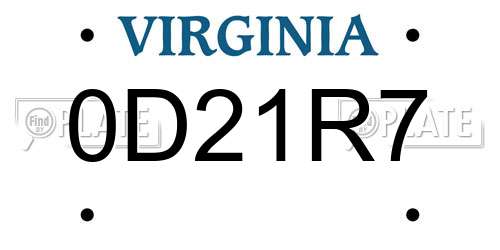 0D21R7 Virginia License Plate