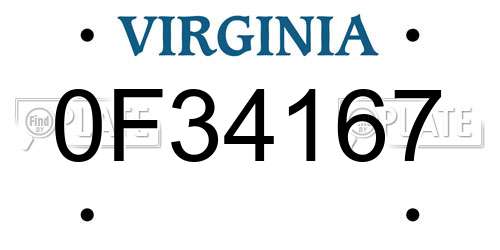 0F34167 Virginia License Plate