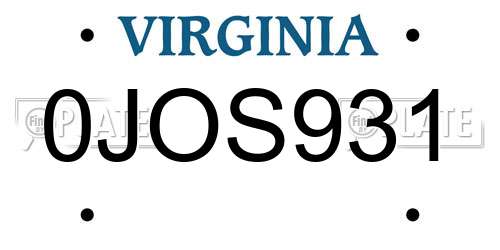 0JOS931 Virginia License Plate