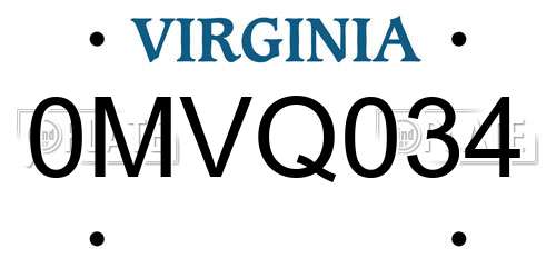 0MVQ034 Virginia License Plate