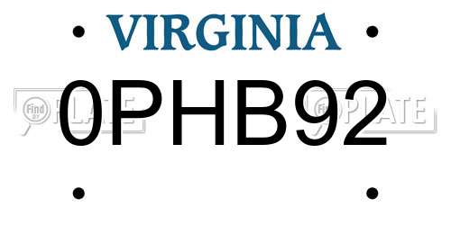 0PHB92 Virginia License Plate