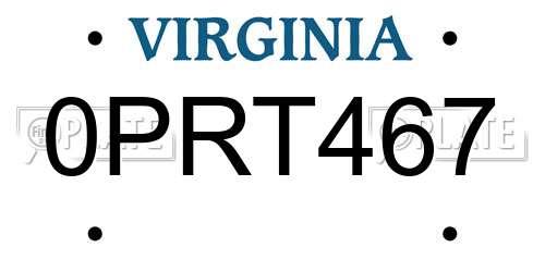 0PRT467 Virginia License Plate