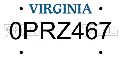 0PRZ467 Virginia License Plate
