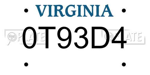 0T93D4 Virginia License Plate