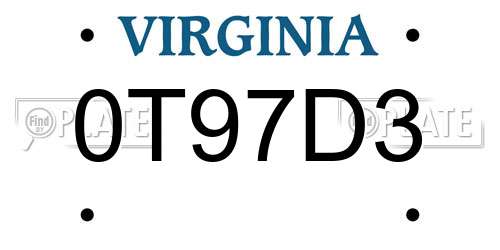 0T97D3 Virginia License Plate