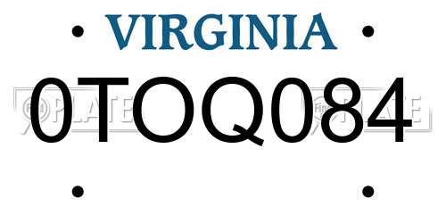 0TOQ084 Virginia License Plate
