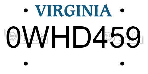 0WHD459 Virginia License Plate