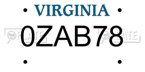 0ZAB78 Virginia License Plate