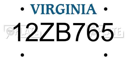 12ZB765 Virginia License Plate