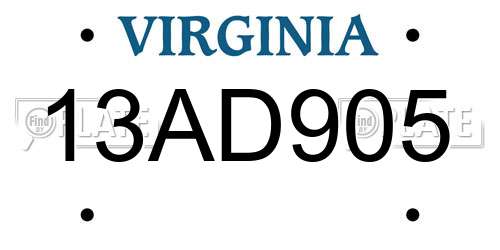 13AD905 Virginia License Plate
