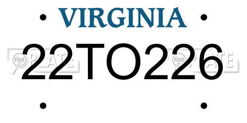 22TO226 Virginia License Plate