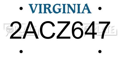 2ACZ647 Virginia License Plate