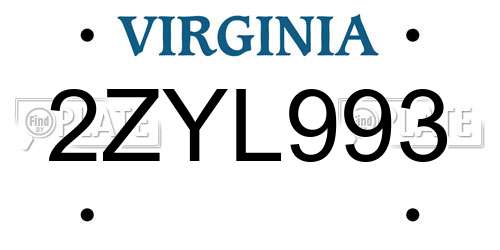 2ZYL993 Virginia License Plate