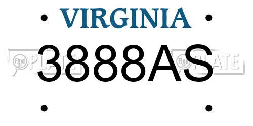 3888AS Virginia License Plate