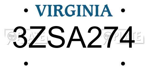 3ZSA274 Virginia License Plate