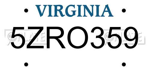 5ZRO359 Virginia License Plate