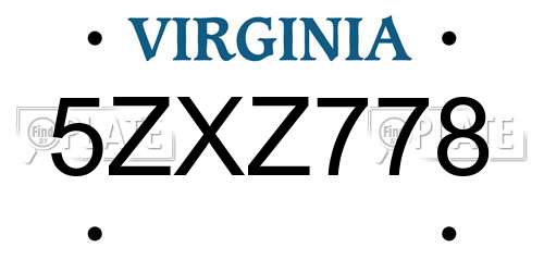 5ZXZ778 Virginia License Plate