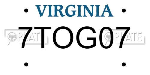 7TOG07 Virginia License Plate