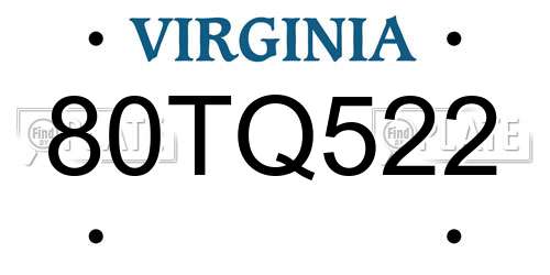 80TQ522 Virginia License Plate