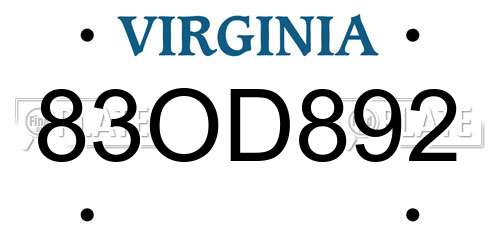 83OD892 Virginia License Plate