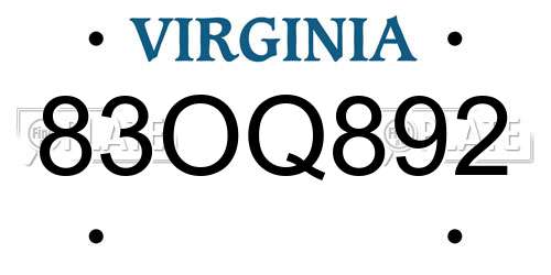 83OQ892 Virginia License Plate