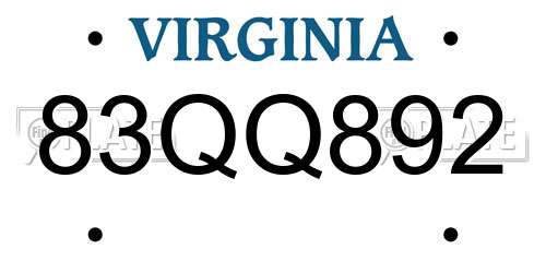 83QQ892 Virginia License Plate