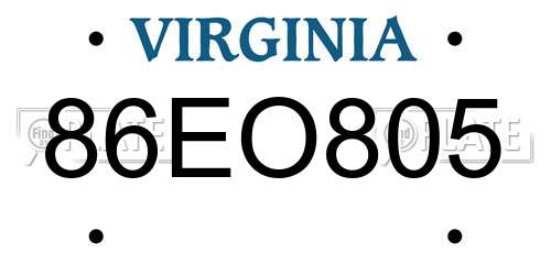 86EO805 Virginia License Plate