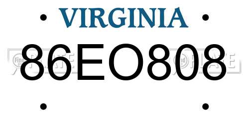 86EO808 Virginia License Plate