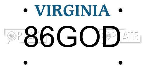 86GOD Virginia License Plate