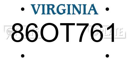 86OT761 Virginia License Plate