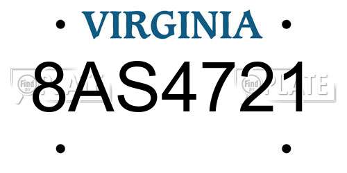 8AS4721 Virginia License Plate