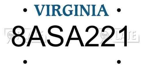 8ASA221 Virginia License Plate
