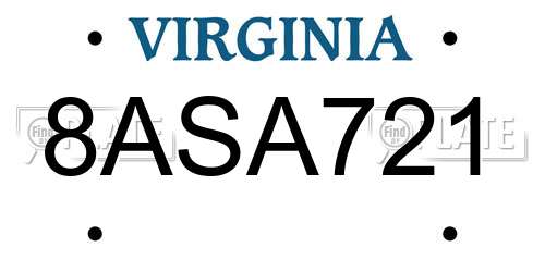 8ASA721 Virginia License Plate