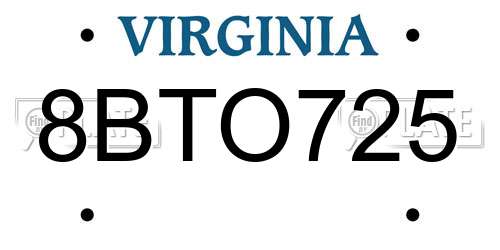 8BTO725 Virginia License Plate