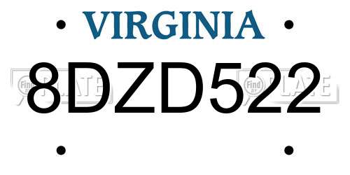 8DZD522 Virginia License Plate