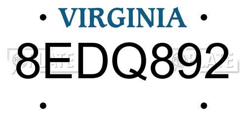 8EDQ892 Virginia License Plate