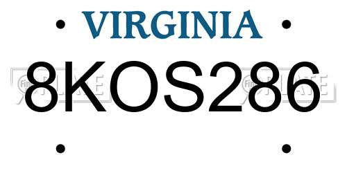 8KOS286 Virginia License Plate