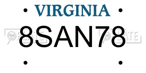 8SAN78 Virginia License Plate