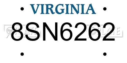 8SN6262 Virginia License Plate