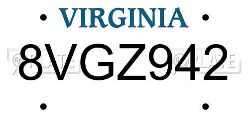8VGZ942 Virginia License Plate
