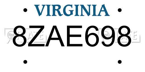 8ZAE698 Virginia License Plate