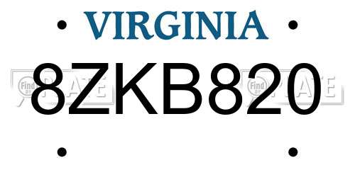 8ZKB820 Virginia License Plate