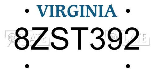 8ZST392 Virginia License Plate