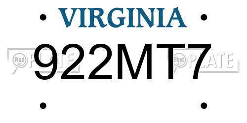 922MT7 Virginia License Plate
