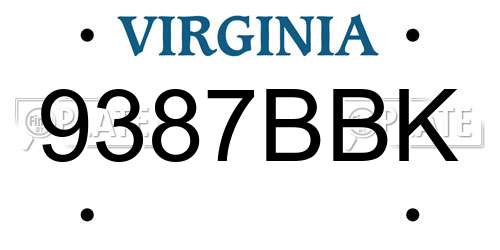 9387BBK Virginia License Plate