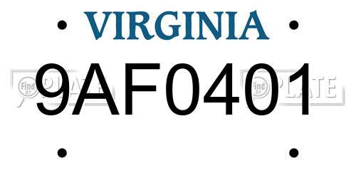 9AF0401 Virginia License Plate